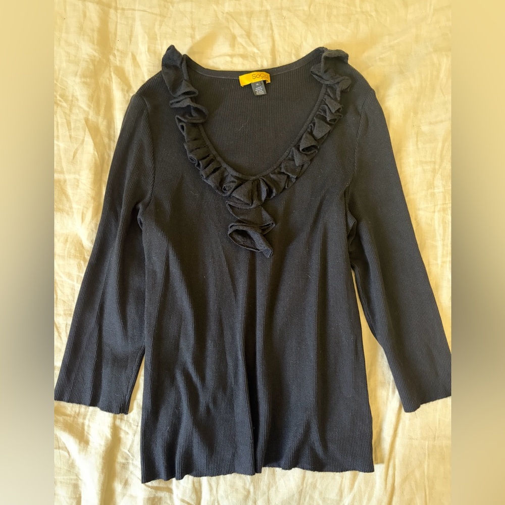 SoCa St. John Black Ruffle V-Neck Knit Top, SZ XL